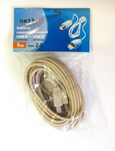картинка Кабель штекер USB A - штекер USB В 2.0 (5м), серый, блистер Netko от магазина Интерком-НН